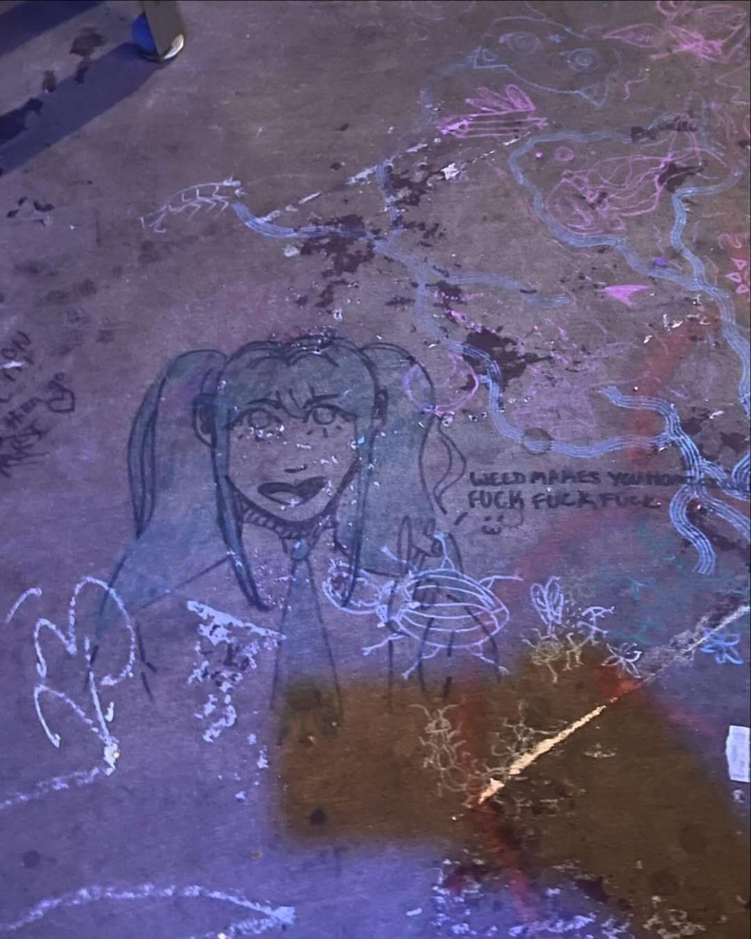 photo of graffiti on floor of hatsune miku with text 'weed makes you horny fuck fuck fuck'