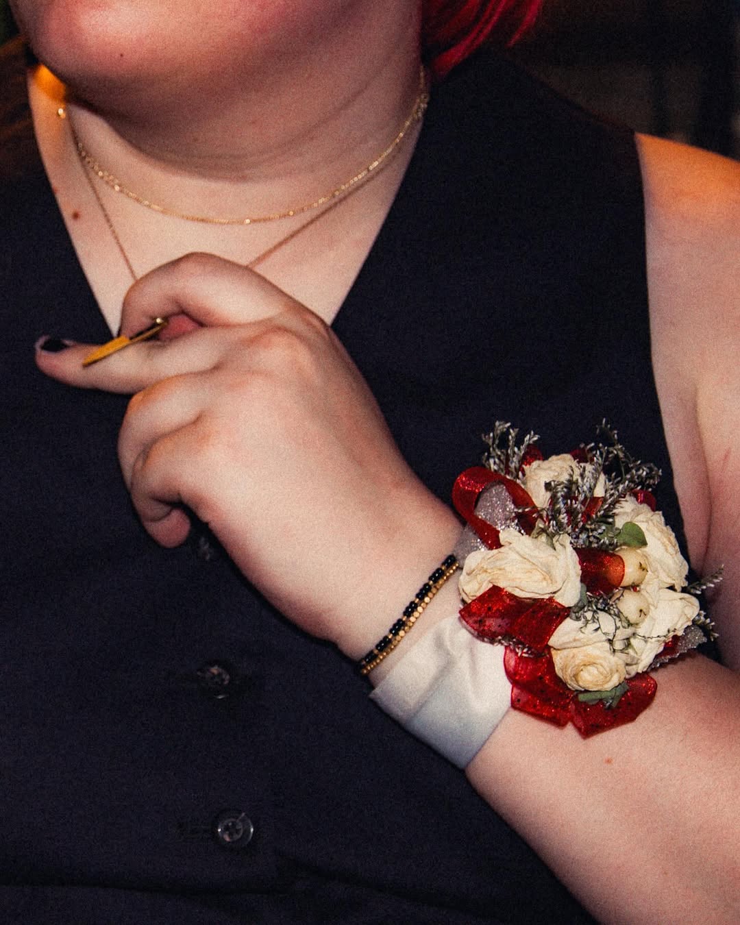 detail shot of amara's wrist corsage